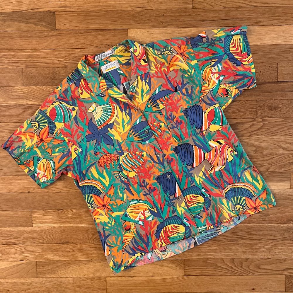 Vintage Sakura Sport Tropical Fish Print Button-Up Camp Shirt - Women's Large